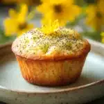 Close-up of a delicious muffin with lemon poppyseed topping, showcasing its texture and vibrant color.