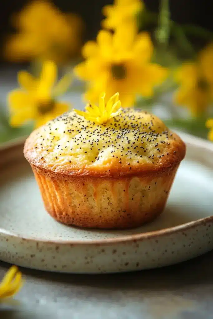 Close-up of a delicious muffin with lemon poppyseed topping, showcasing its texture and vibrant color.