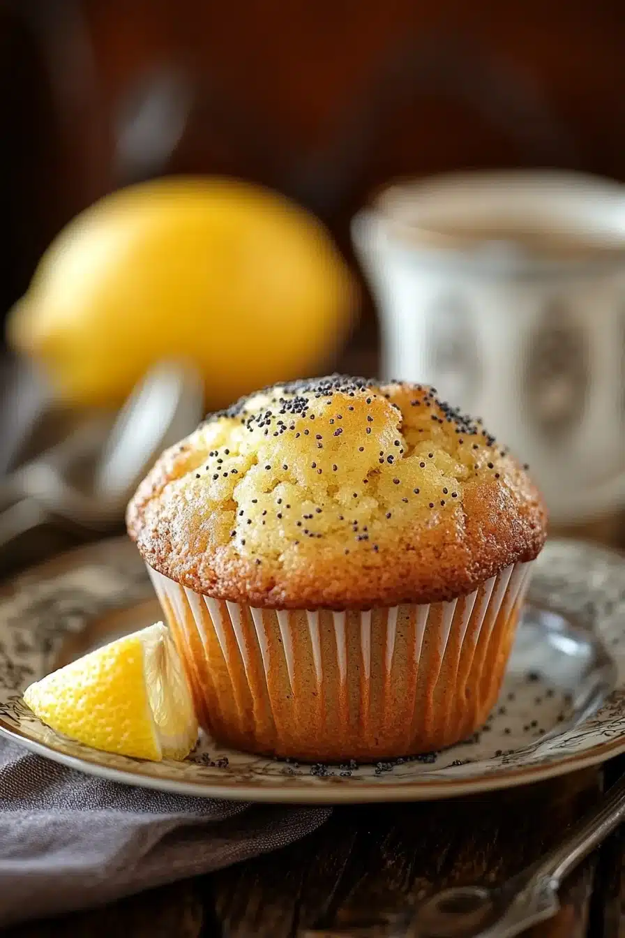 Close-up of a lemon poppyseed muffin with visible lemon zest and poppy seeds on a clean background.