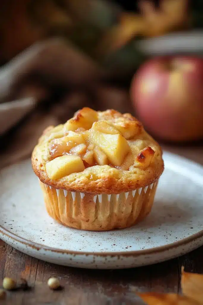 Close-up of a muffin with apple pie filling, showcasing a golden crust and warm, inviting texture.