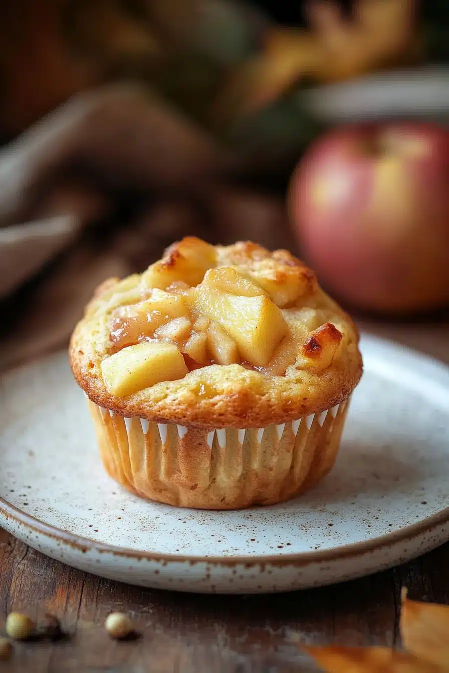 Close-up of a muffin with apple pie filling, showcasing a golden crust and warm, inviting texture.