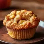 Close-up of a muffin with apple pie filling, showcasing a golden crust and warm tones.