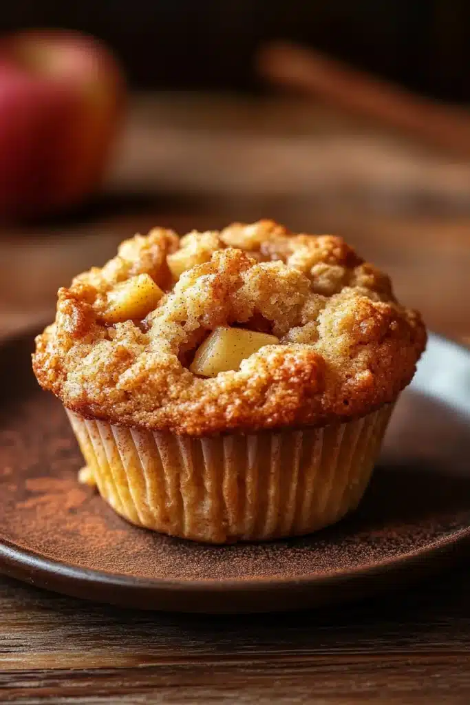 Close-up of a muffin with apple pie filling, showcasing a golden crust and warm tones.