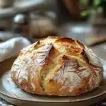 Close-up of golden brown no knead bread made in an air fryer with a crispy crust.