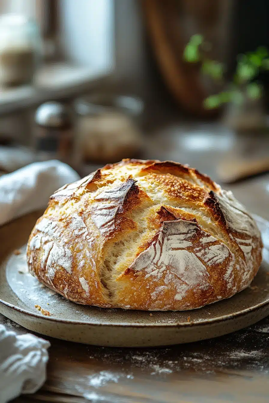 Close-up of golden brown no knead bread made in an air fryer with a crispy crust.