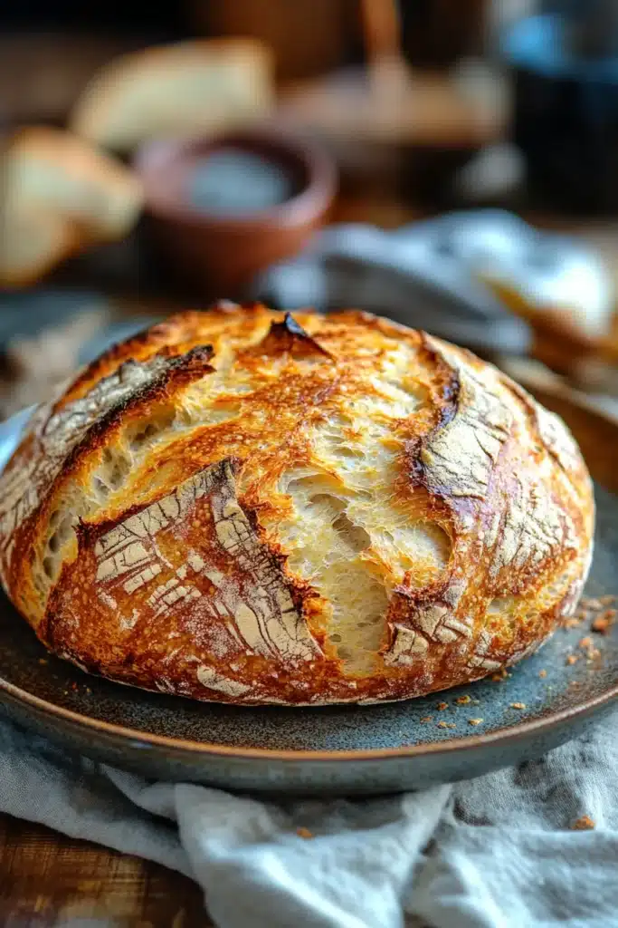 Close-up of golden brown no knead bread in an air fryer basket with a clean background