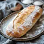 Close-up of a freshly baked no knead bread baguette on a wooden surface.