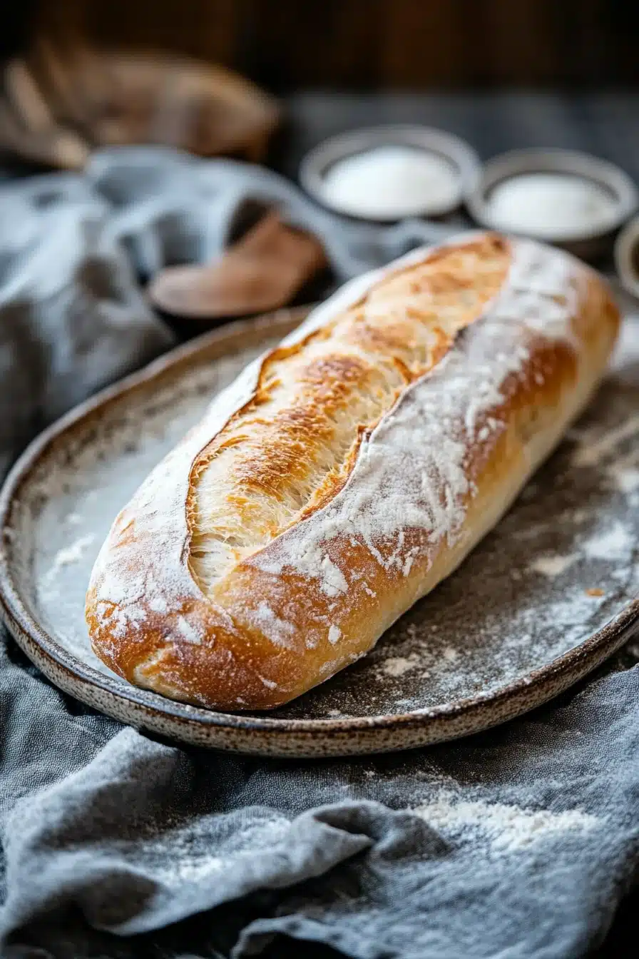 Close-up of a freshly baked no knead bread baguette on a wooden surface.