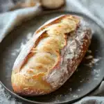 Close-up of a freshly baked no knead bread baguette with golden crust.