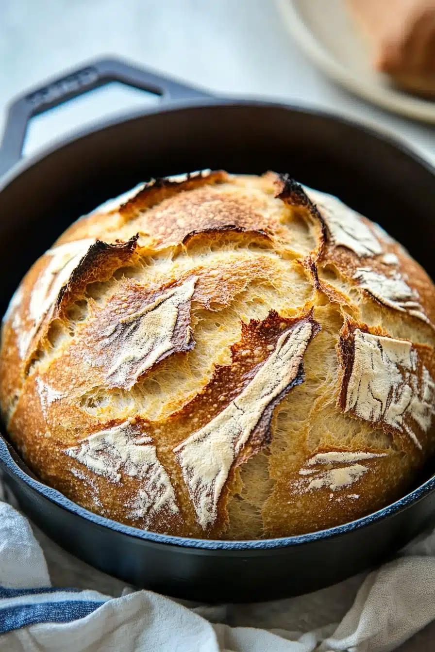 Close-up of a golden crust no knead bread in a cast iron dutch oven