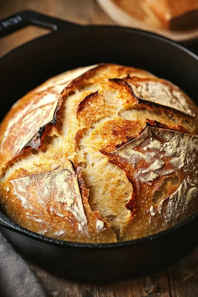 Close-up of a golden-brown no knead bread in a cast iron dutch oven