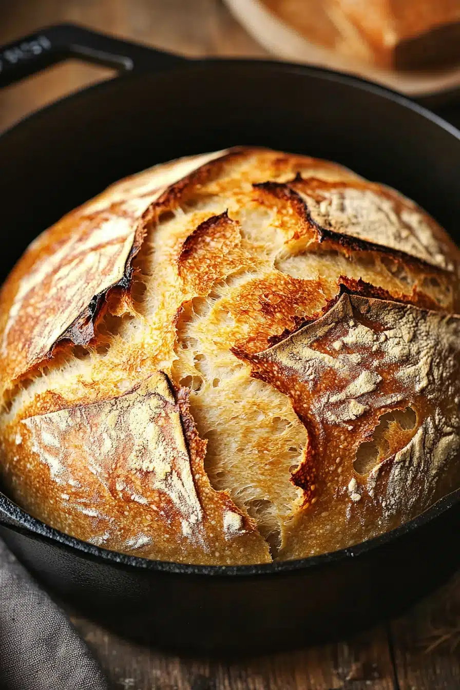 Close-up of a golden-brown no knead bread in a cast iron dutch oven