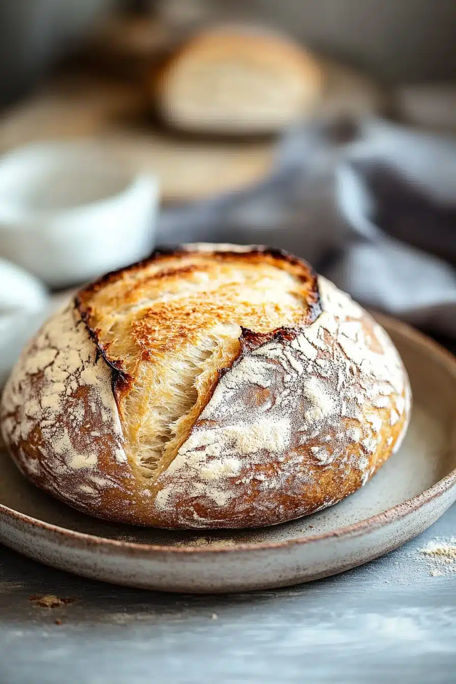 Close-up of no knead bread dough with a clean background, showcasing its texture and simplicity.