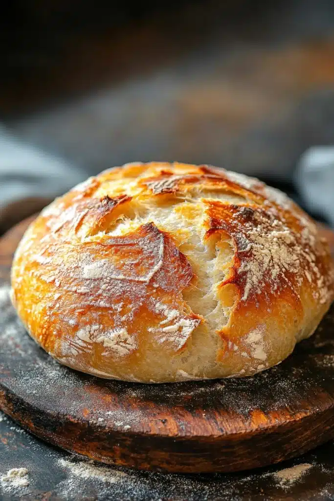 Close-up of no knead bread with a golden crust on a pizza stone