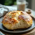Close-up of golden-brown no knead bread on a pizza stone with a clean background