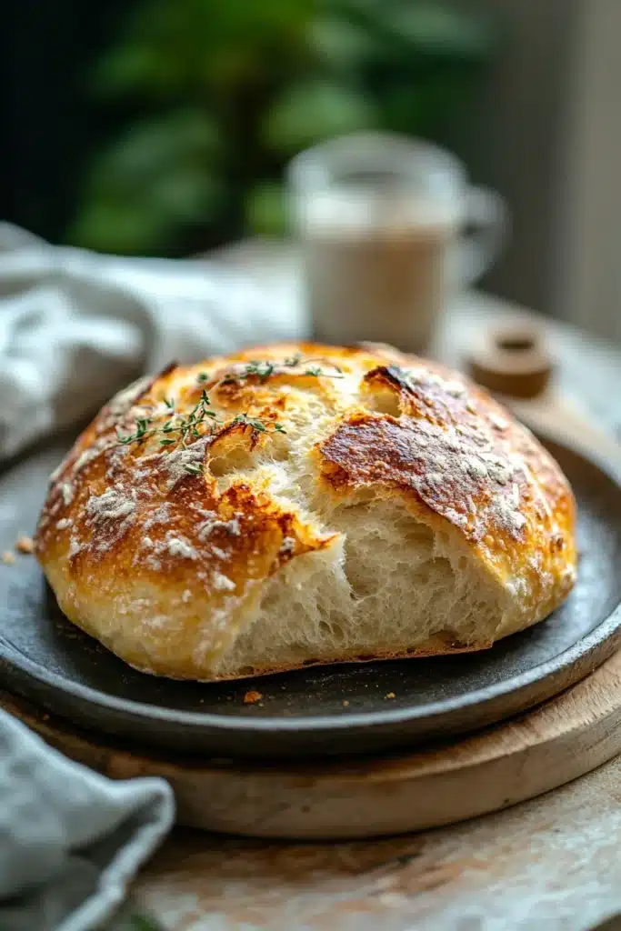 Close-up of golden-brown no knead bread on a pizza stone with a clean background