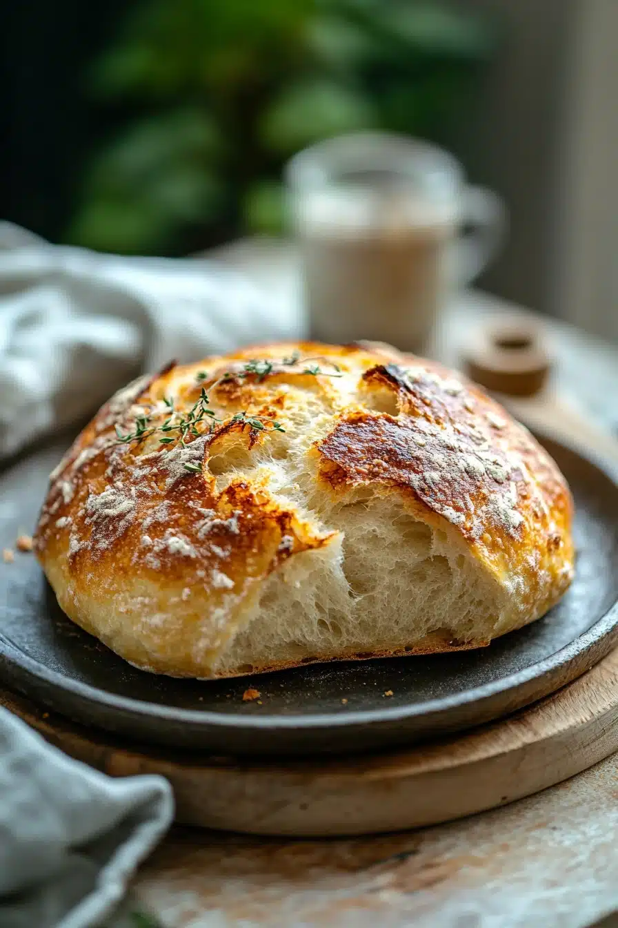 Close-up of golden-brown no knead bread on a pizza stone with a clean background