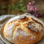 Close-up of freshly baked no knead bread with a golden crust using active dry yeast