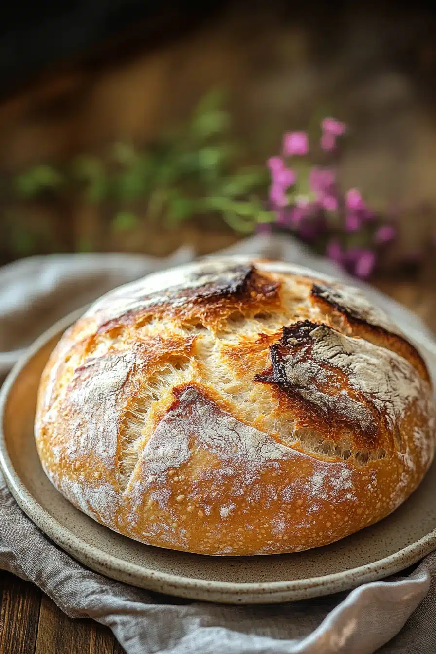 Close-up of freshly baked no knead bread with a golden crust using active dry yeast