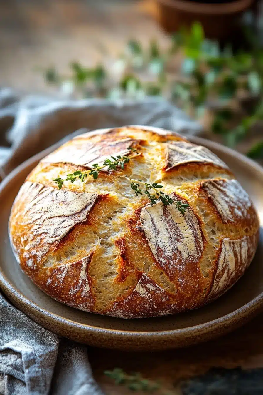 Close-up of a freshly baked no knead bread with a golden crust using active dry yeast