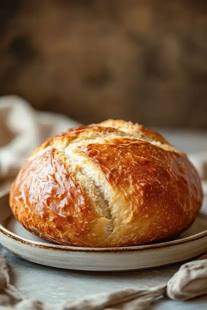 Close-up of no knead sweet bread with a golden crust on a clean background