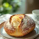 Close-up of a golden-brown no knead sweet bread with a soft texture and minimal background.