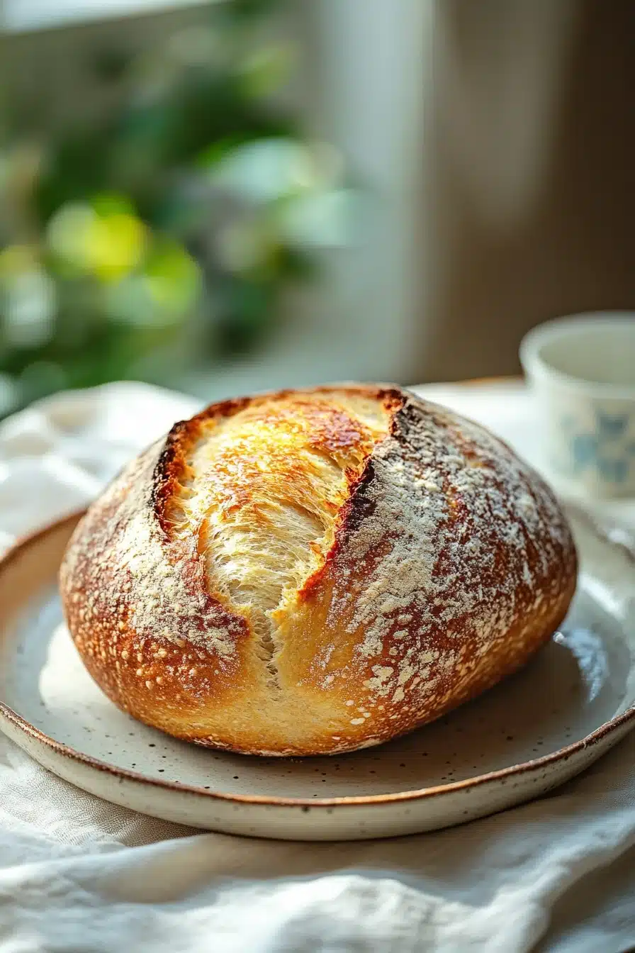 Close-up of a golden-brown no knead sweet bread with a soft texture and minimal background.