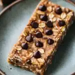 Close-up of nut-free cookie dough protein bars with a clean background