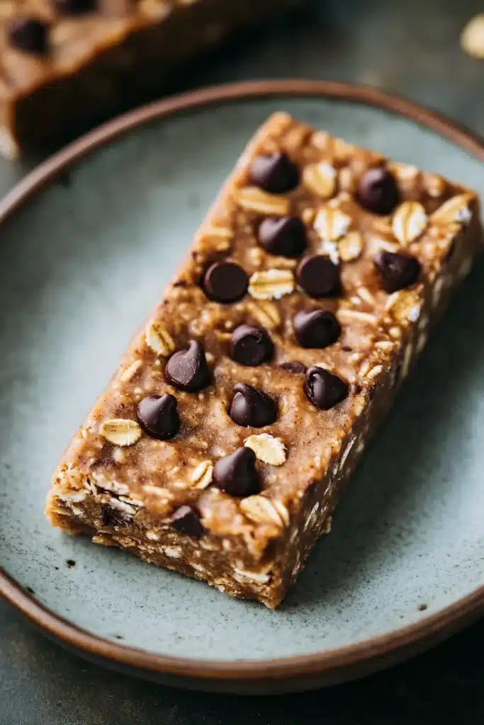 Close-up of nut-free cookie dough protein bars with a clean background