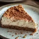 Close-up of oatmeal cookie cheesecake with a creamy top and visible crust, perfect for dessert lovers.