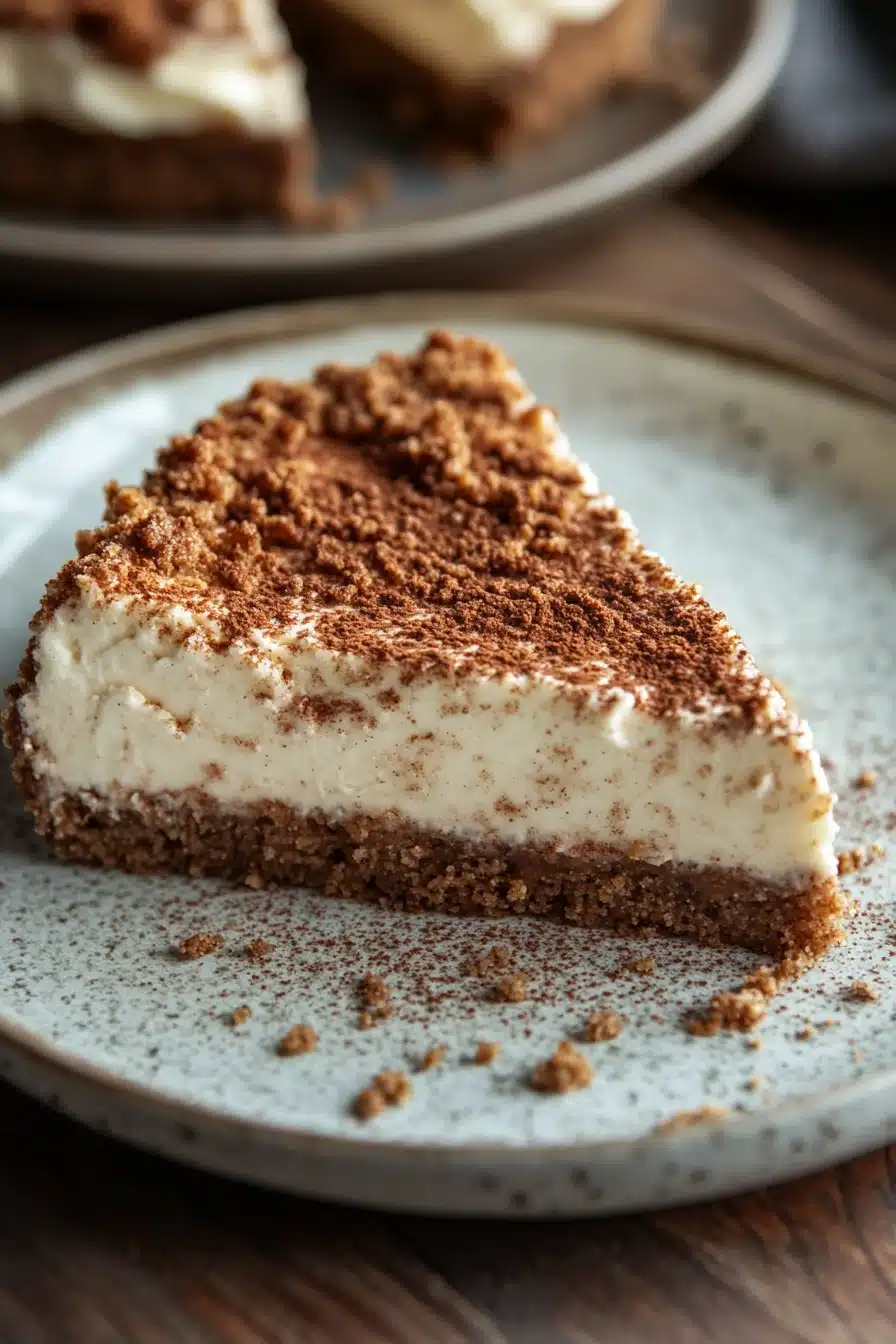 Close-up of oatmeal cookie cheesecake with a creamy top and visible crust, perfect for dessert lovers.