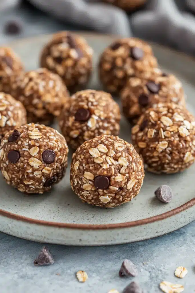 Close-up of oatmeal cookie energy bites on a clean background with warm lighting.