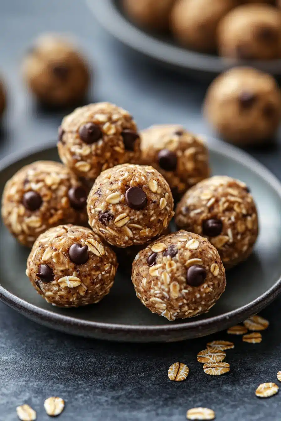Close-up of oatmeal cookie energy bites on a clean, minimal background with warm lighting.