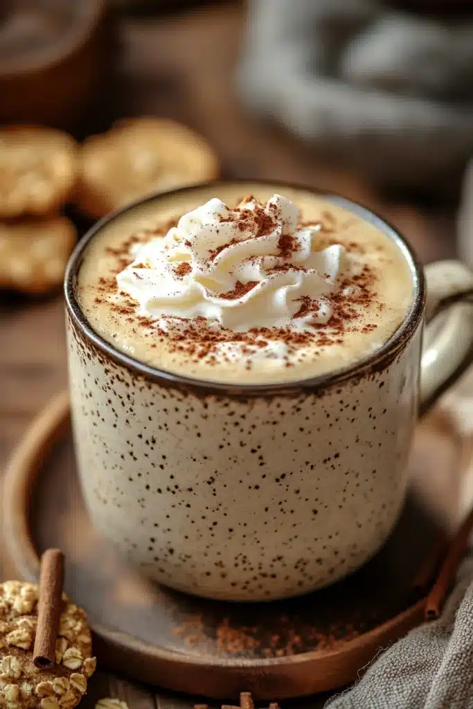 Close-up of an oatmeal cookie latte with creamy froth and a sprinkle of cinnamon.