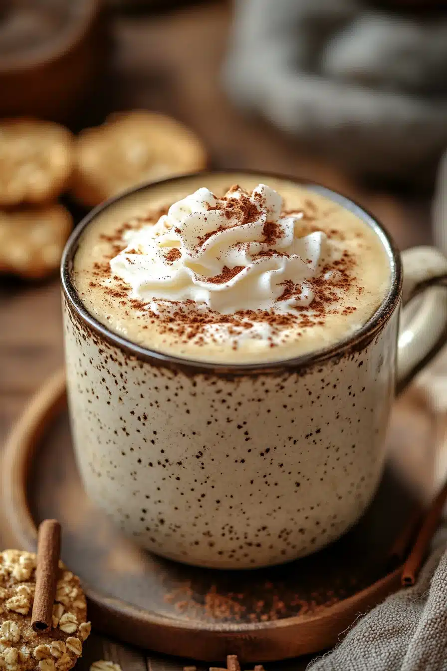 Close-up of an oatmeal cookie latte with creamy froth and a sprinkle of cinnamon.