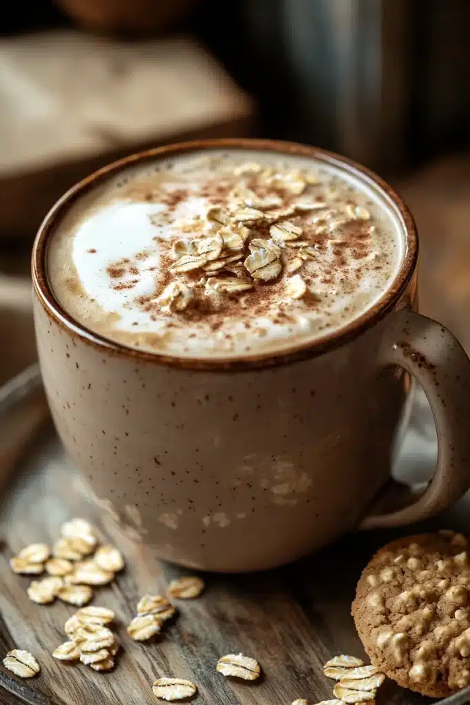 Close-up of an oatmeal cookie latte with a creamy texture and warm lighting.