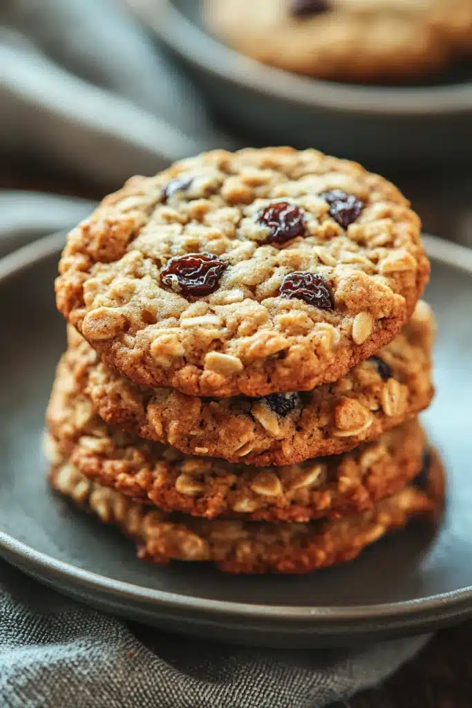 Close-up of oatmeal raisin cookies in a glass jar with a clean background