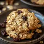 Close-up of oatmeal raisin cookies in a glass jar with a clean background