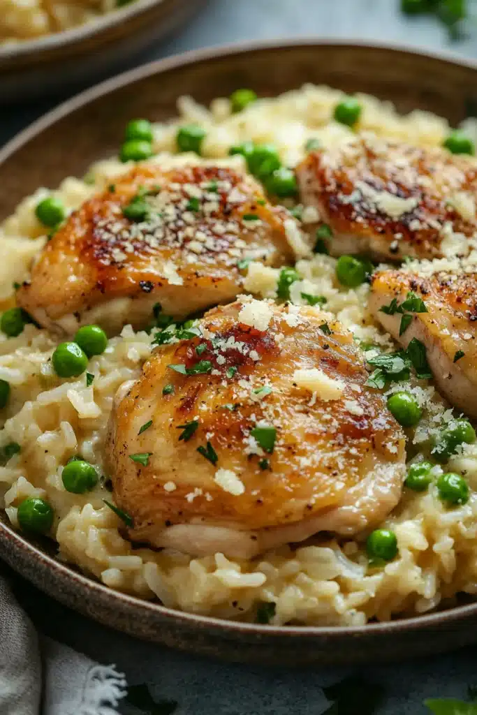Close-up of a one pot creamy chicken and rice dish with bright, warm lighting.