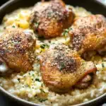 Close-up of one pot creamy chicken and rice with a warm, inviting presentation.