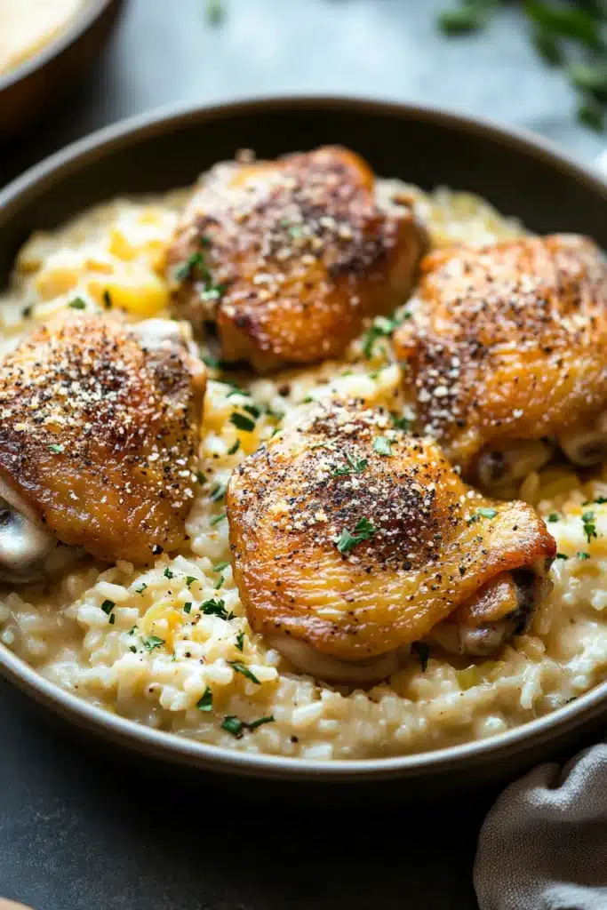 Close-up of one pot creamy chicken and rice with a warm, inviting presentation.