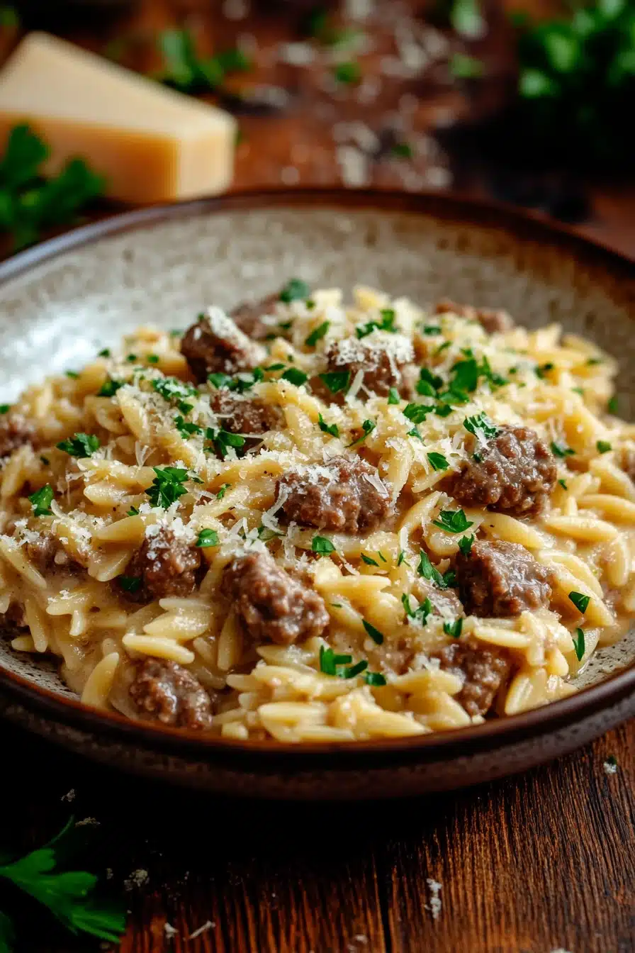 Close-up of one pot creamy orzo and beef with a warm, appetizing presentation
