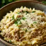 Close-up of one pot creamy orzo and beef with a clean background
