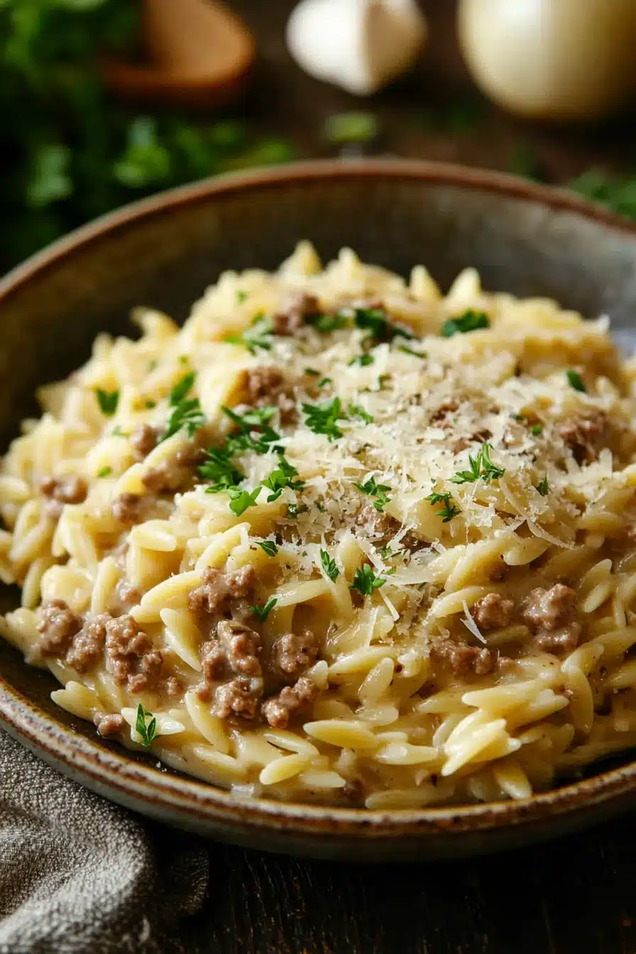 Close-up of one pot creamy orzo and beef with a clean background