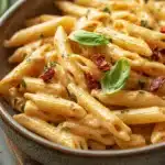 Close-up of one pot creamy sun dried tomato pasta with a clean background