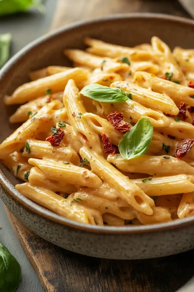 Close-up of one pot creamy sun dried tomato pasta with a clean background
