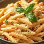 Close-up of one pot creamy sun dried tomato pasta with a minimal background