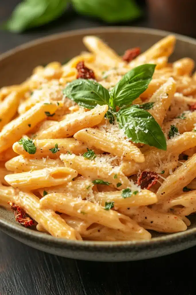 Close-up of one pot creamy sun dried tomato pasta with a minimal background