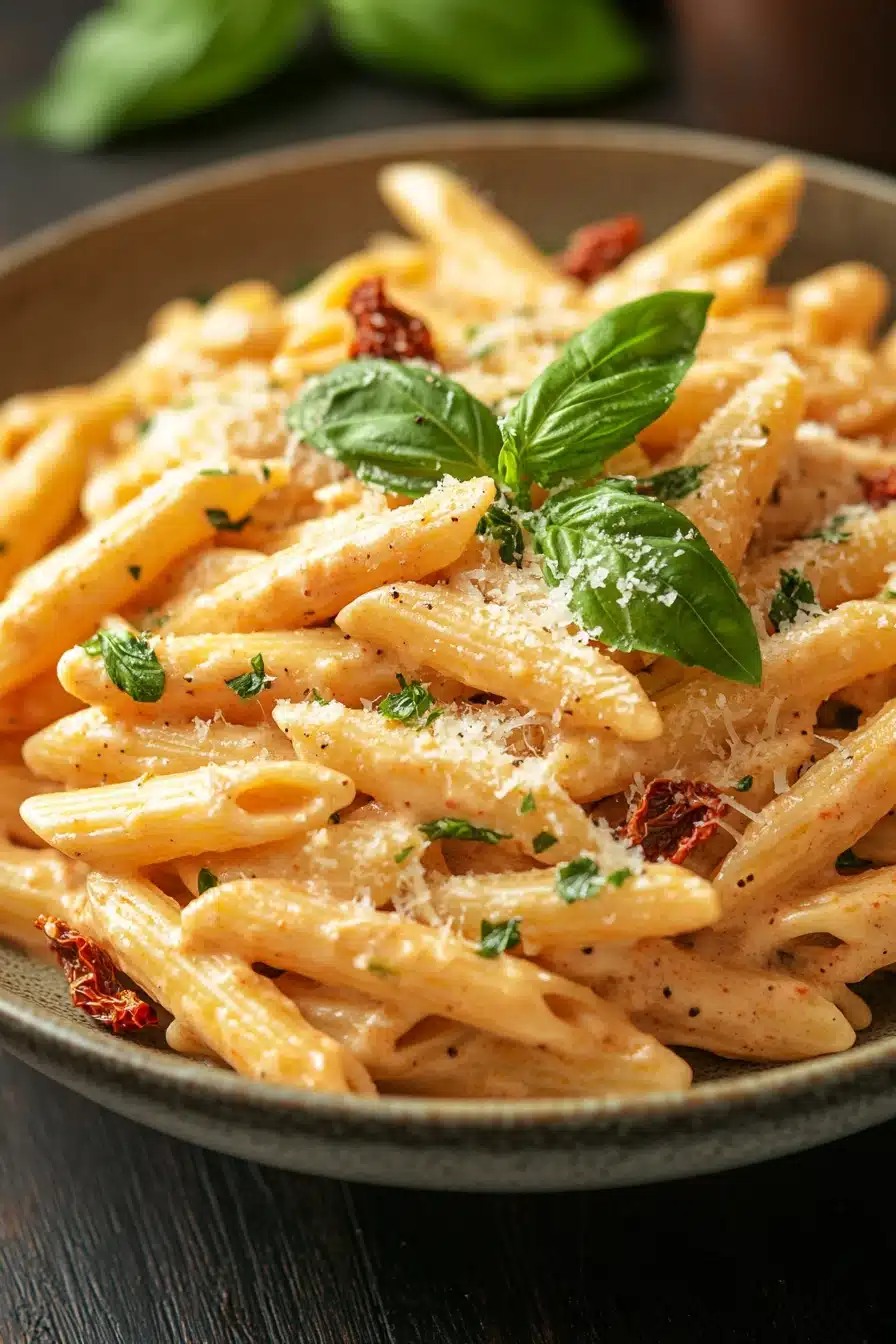 Close-up of one pot creamy sun dried tomato pasta with a minimal background