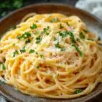 Close-up of creamy garlic cheese pasta in a white bowl with a sprinkle of herbs